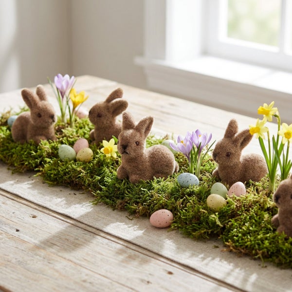 Osterdekoration mit beflockten Osterhasen, Moos, Frühlingsblumen und Ostereiern auf einem Holztisch als festliche Tischdekoration.