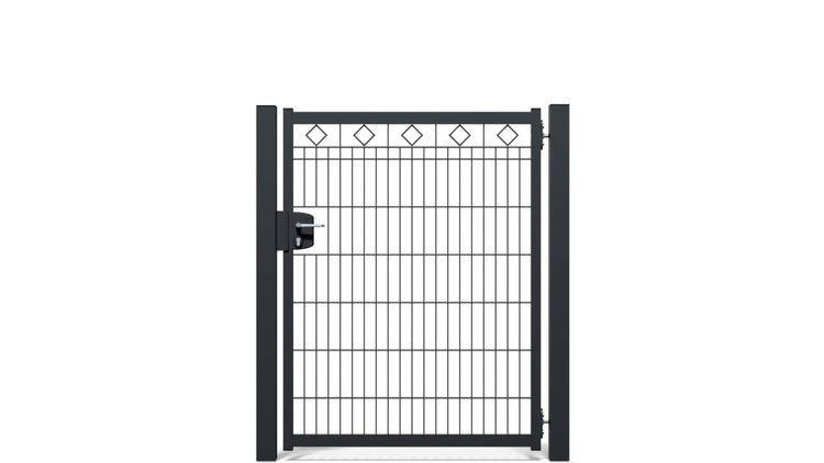Gartentür ZAUNGURU BASIC-Linie Raute aus Metall, Höhe: 143cm, Breite: 123cm, 1-flügelig inkl. Pfosten, Schloss und Zubehör, Feuerverzinkt und zusätzlich in RAL 7016 Anthrazitgrau pulverbeschichtet