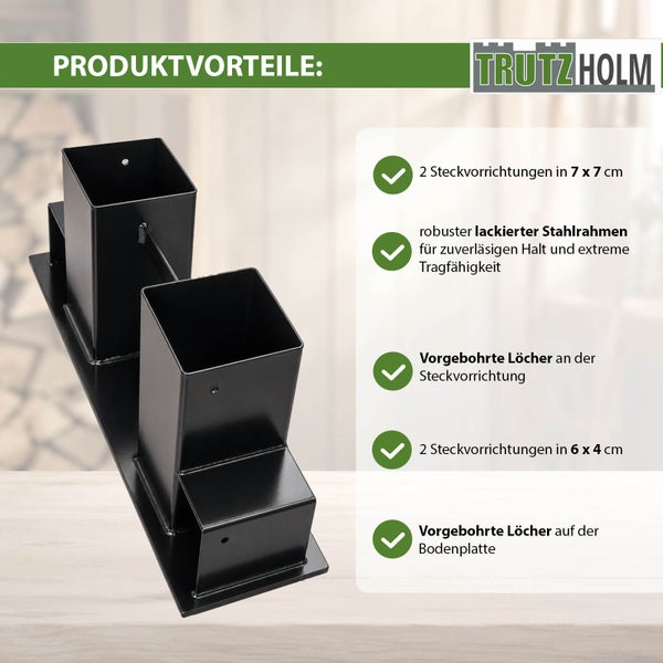 Trutzholm Pfostenhalter mit zwei Steckvorrichtungen 7 mal 7 cm und 6 mal 4 cm, Stahlrahmen mit vorgebohrten Löchern.
