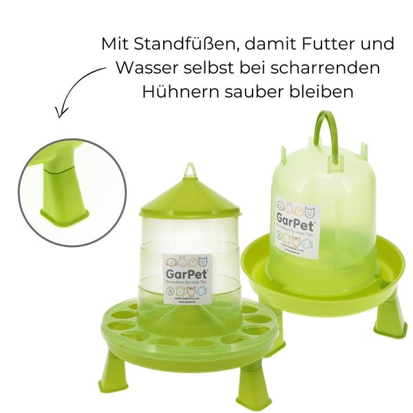 Geflügeltränke und Futterautomat Hühner mit Standfüßen im Set Hühnertränke Futterspender Futtertrog Stand Füßen Wassertränke grün Set 3.