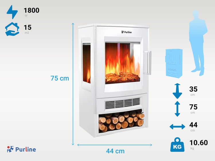 Purline Elektrokamin mit Holzfach und den Maßen 75x44x35 cm