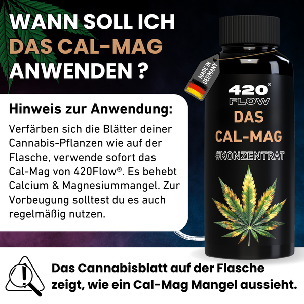 Flasche mit 420Flow Cal-Mag Konzentrat zur Behandlung von Calcium und Magnesiummangel bei Cannabis-Pflanzen mit Anwendungshinweisen.