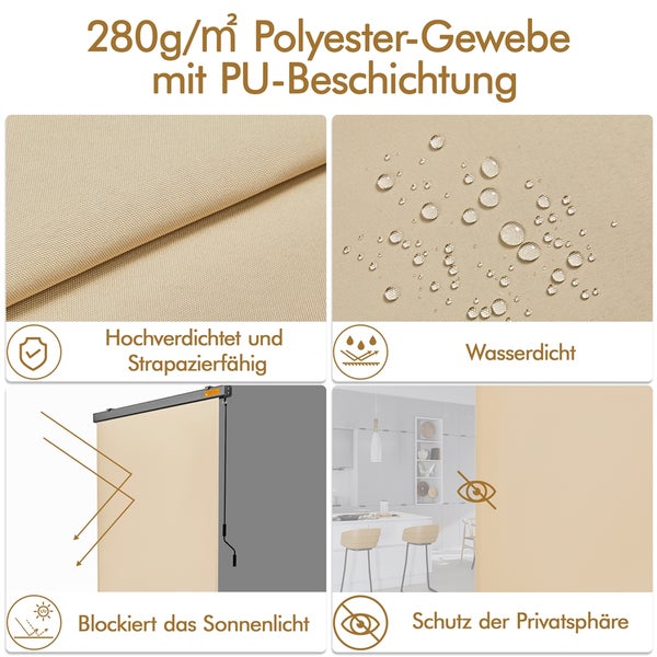Details zu einem 280 Gramm pro Quadratmeter Polyestergewebe mit Polyurethan Beschichtung, das hochverdichtet, strapazierfähig und wasserdicht ist. Es blockiert Sonnenlicht und schützt die Privatsphäre.