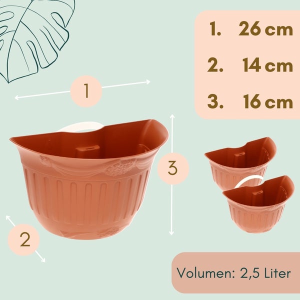 Abmessungen und Volumen eines terracottafarbenen Blumentopfes für die Wandmontage: 26 cm breit, 14 cm tief, 16 cm hoch, 2,5 Liter Volumen.
