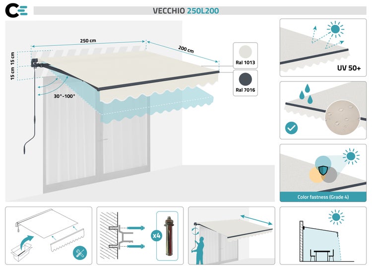 VECCHIO einteilige Markise 2,5m x 2m Beige - Premium-Canvas 320 g/m²