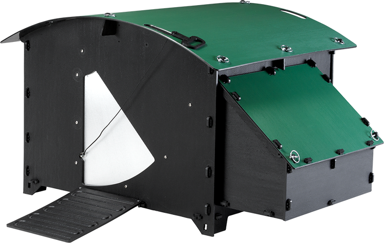 Hühnerstall aus recyceltem Kunststoff mit Nistkasten und Rampe für den Garten.