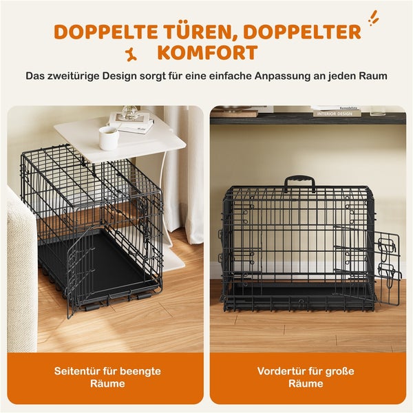 Zwei schwarze Hundeboxen aus Metall mit jeweils einer offenen Tür an der Seite und an der Vorderseite.