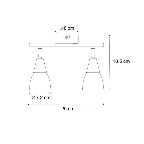 Maßzeichnung eines 2-flammigen Strahlerbalkens mit Maßen: Breite 25 Zentimeter, Höhe 18,5 Zentimeter, Schirmdurchmesser 7,2 Zentimeter.