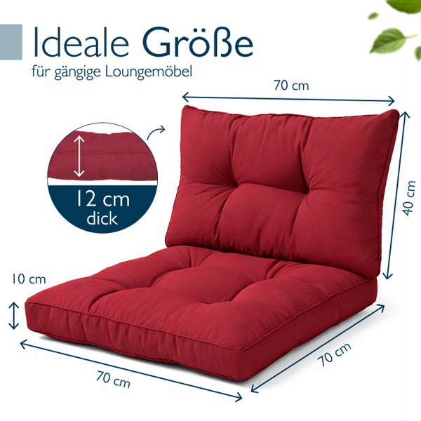 Loungekissen-Set mit Maßen: Sitzkissen 70 mal 70 mal 10 Zentimeter, Rückenkissen 70 mal 40 mal 12 Zentimeter.