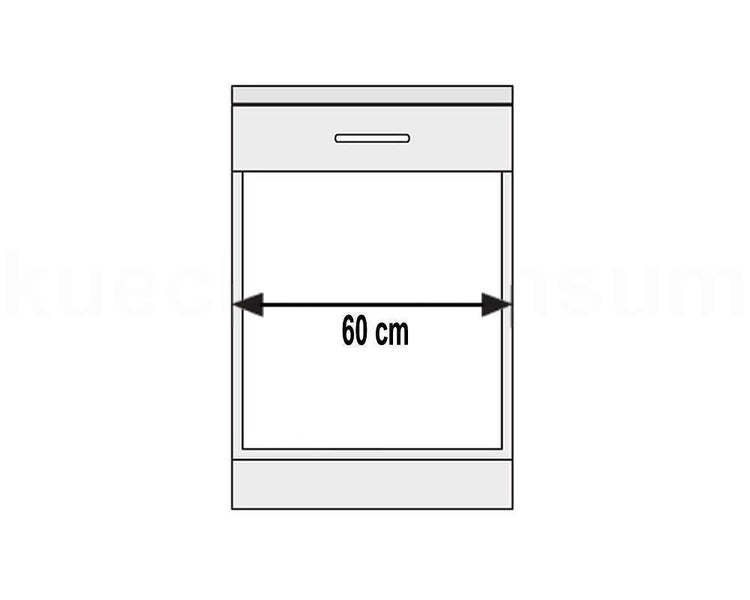 Skizze eines Küchenunterschranks mit Schublade und einer Breite der Nische von 60 Zentimetern.