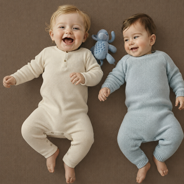 Zwei Babys in Strick-Einteilern liegen auf einer braunen strukturierten Bodenmatte neben einem kleinen Stofftier.