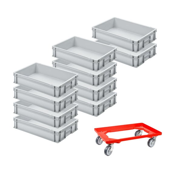 PROREGAL SparSet 10x Eurobehälter mit Geschlossenem Griff und 1 x Transportroller Rot HxBxT 12 x 40 x 60 cm 21 Liter Eurobox Transportbox