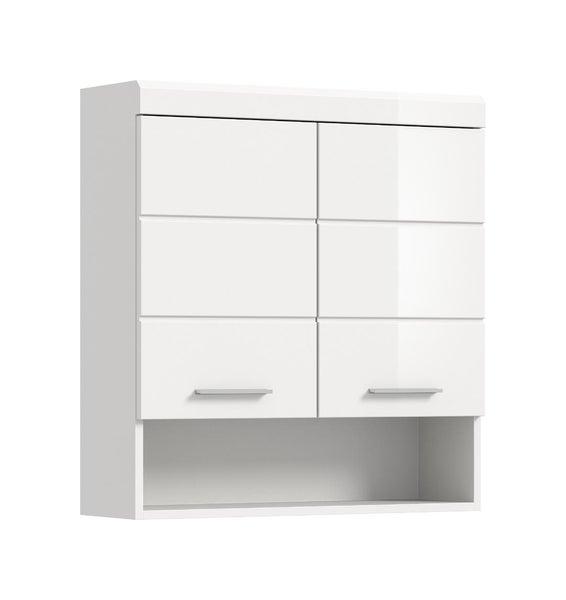 Weißer Badezimmer-Oberschrank in Hochglanz-Optik mit zwei Türen, Metallgriffen und einem offenen Ablagefach unten.
