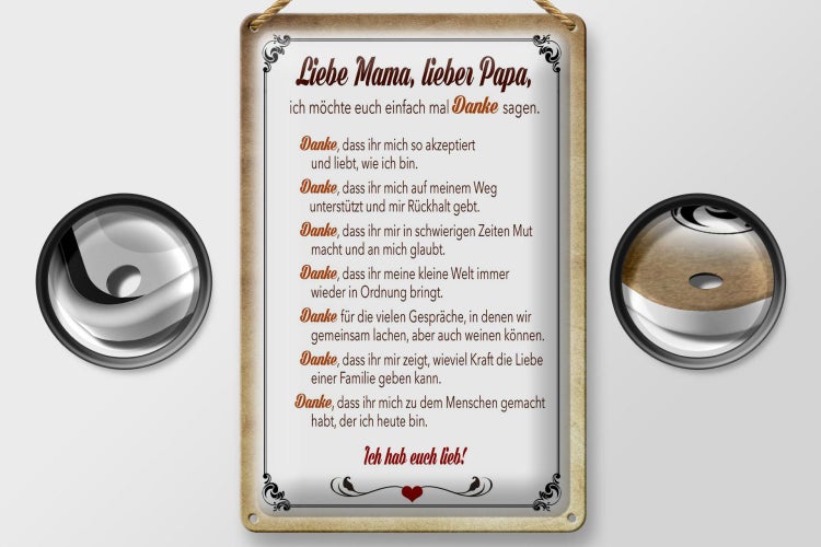 Blechschild Spruch 20x30cm Mama Papa hab euch lieb danke