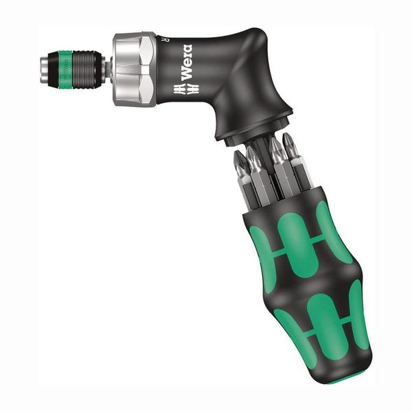 Wera Kraftform Kompakt Pistolengriff-Schraubendreher mit integriertem Bit-Magazin, Rapidaptor Halter und Wera Logo.