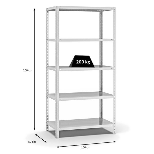 PROREGAL Fachbodenregal Schraubsystem Medium-Duty Grundregal HxBxT 200 x 100 x 50 cm 5 Ebenen Fachlast 200 kg Beidseitig Nutzbar Lichtgrau