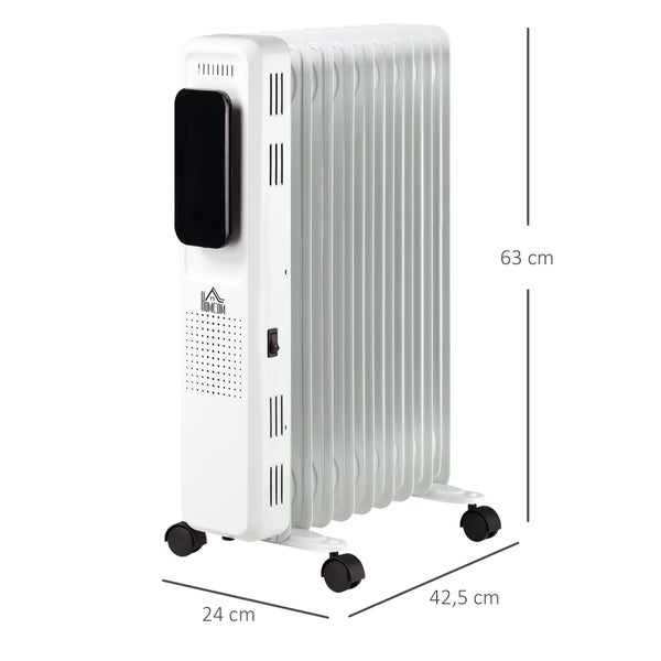 HOMCOM Ölradiator tragbar elektrisch Heizkörper 2000W 3 Heizstufen 24-Stunden-Timing elektrische Heizung 9 Heizplatten mit 4 Rollen Weiß Stahl 42,5 x 24 x 63 cm