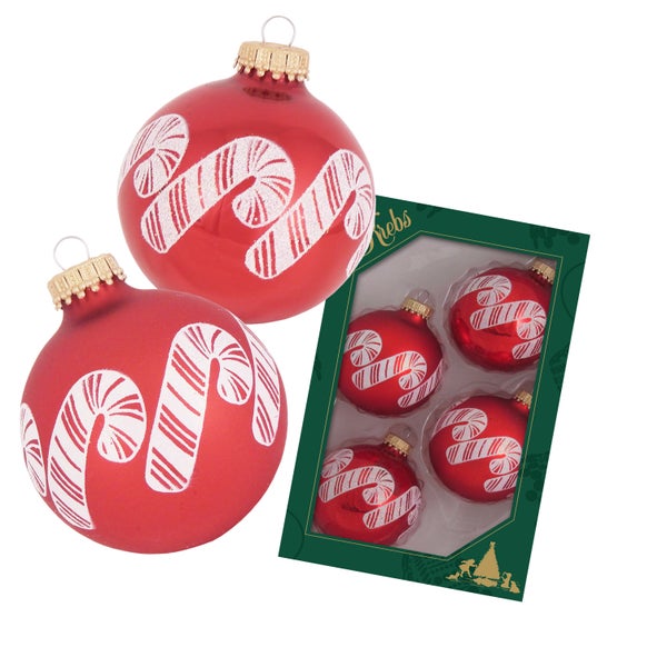 Rot glanz/Rot matt 7cm Glaskugel mit Banddekor Zuckerstangen, 4 Stck., Weihnachtsbaumkugeln, Christbaumschmuck, Weihnachtsbaumanhänger