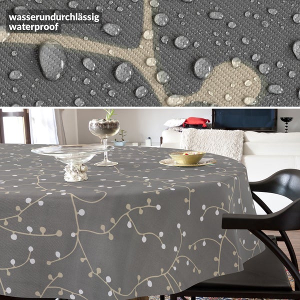 Wasserundurchlässige runde Tischdecke mit Zweigmuster auf einem Tisch im Wohnzimmer und Nahaufnahme der Textur mit Wassertropfen.