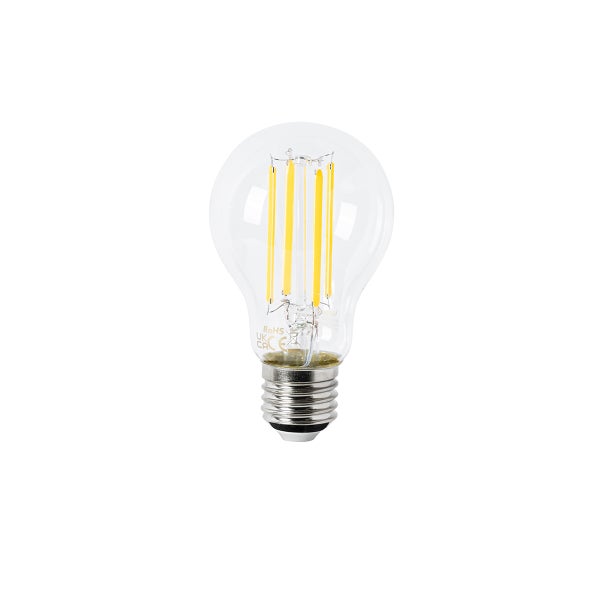 LED-Filament-Leuchtmittel in Birnenform mit E27-Sockel aus Glas.