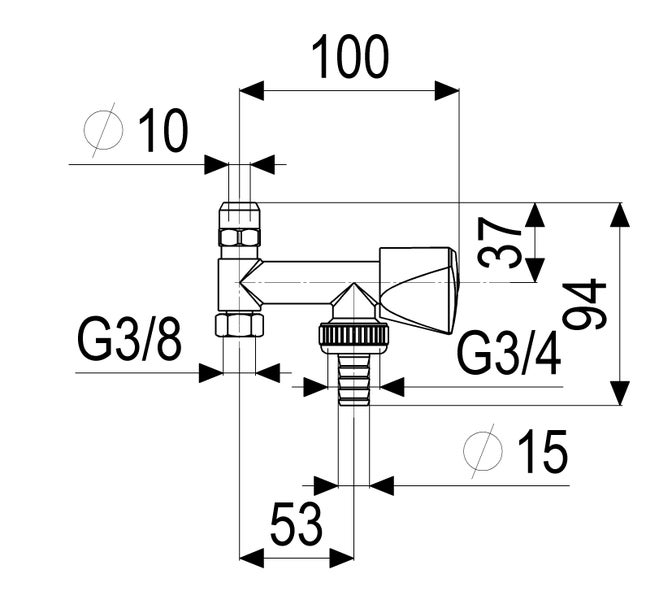 Technische Zeichnung eines Kombi-Eckventils mit Maßangaben in Millimetern wie 100 und 94 sowie Gewindegrößen G 3/8 und G 3/4.