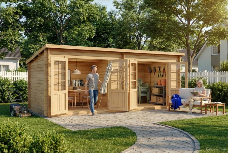 Großes Gartenhaus aus Holz mit Pultdach, das als kombinierter Wohn- und Lagerraum im Garten dient, mit einer Frau auf der Gartenbank davor.