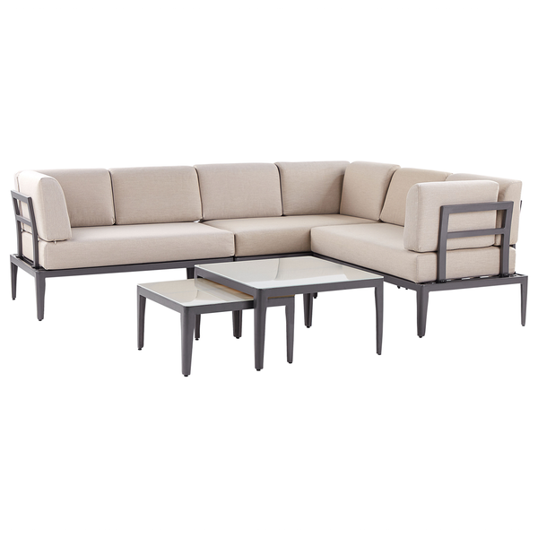 Modernes Garten-Lounge-Set mit L-förmigem Ecksofa inklusive Polster und zwei ineinander schiebbaren Glastischen.