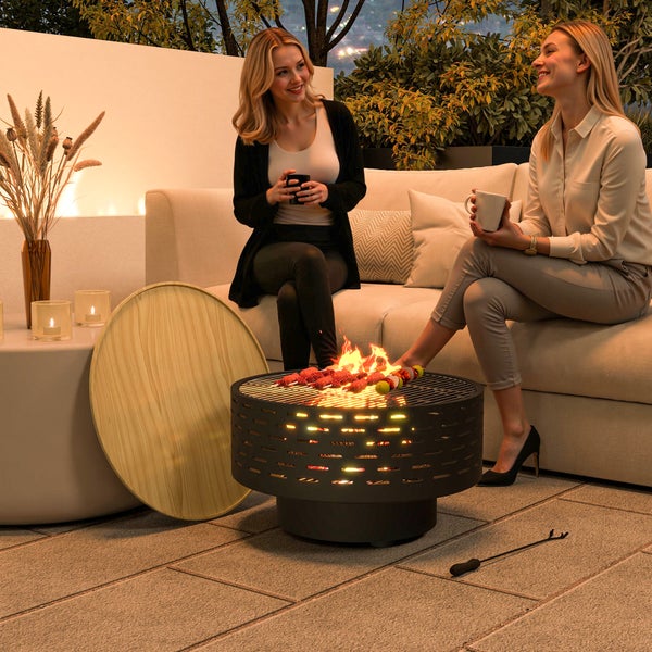 Outsunny 3-in-1 Feuerschale Ø60 x 39cm aus Edelstahl Feuerstelle mit Grillrost Schürhaken Funkenschutz in Holzoptik Feuerschalen Feuerkorb für Garten, Balkon Terrasse, Outdoor BBQ Camping Kohlegrau