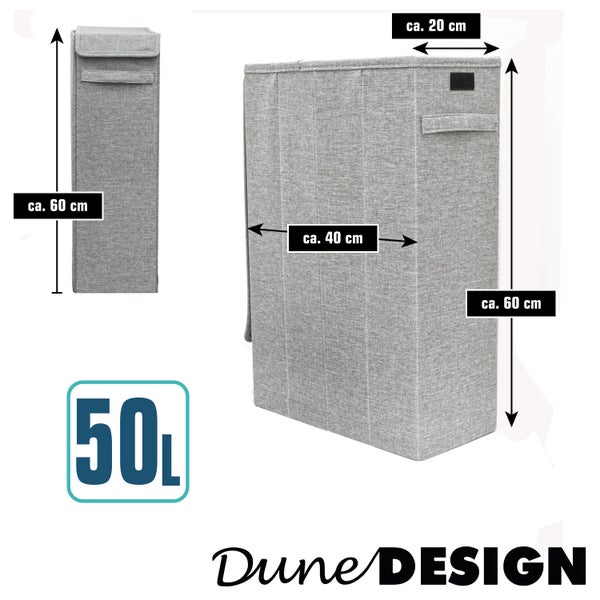 Wäschekorb aus grauem Stoff, 50 Liter. Maße: Höhe circa 60 cm, Breite circa 40 cm, Tiefe circa 20 cm. DuneDesign Logo.