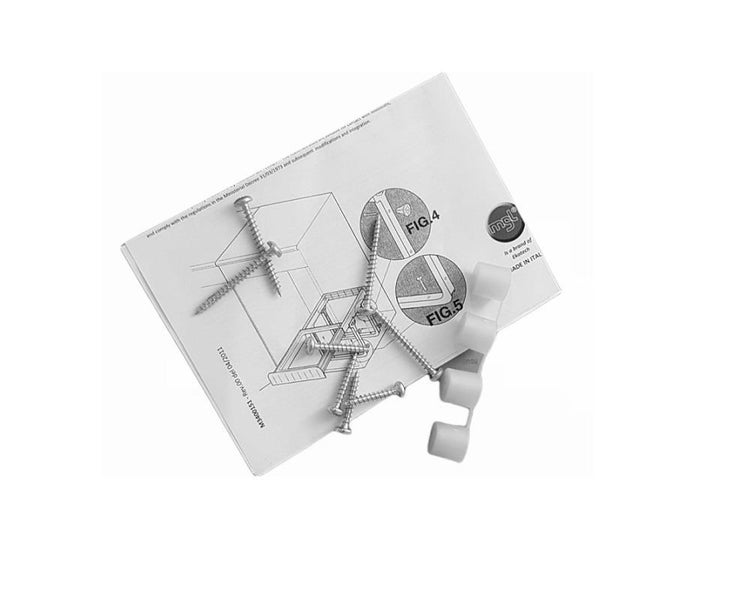 Montageset mit Metallschrauben, Kunststoffabstandshaltern und einer bebilderten Montageanleitung.