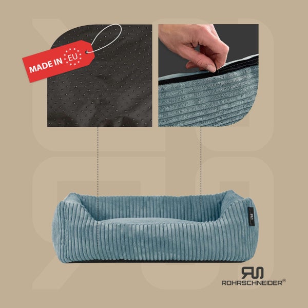 Rohrschneider Tierbett Cordstoff breit Gr. 1 türkis + faltbarer Reisenapf