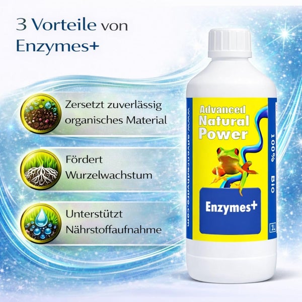 Weiße 1 Liter Flasche Enzymes plus Pflanzenhilfsmittel zur Zersetzung von organischem Material, Förderung von Wurzelwachstum und Unterstützung der Nährstoffaufnahme.