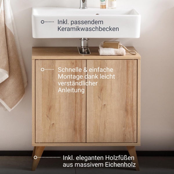 FACKELMANN FINN Badmöbel Set 2 Teile / Waschbecken / Waschbeckenunterschrank mit 2 Türen / Badschrank mit Push-to-Open / Korpus & Front: Braun hell / Rahmendekor & Füße: Braun hell / Breite: 60 cm