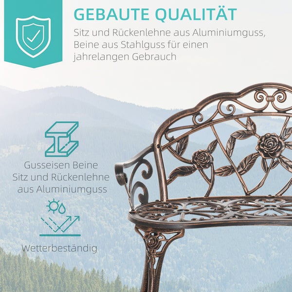 Gartenbank mit dekorativem Rosenmuster aus wetterbeständigem Aluminiumguss und Stahlguss.