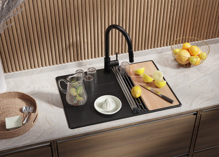 PRIMAGRAN Granitspüle Schwarz 70x50cm, Spülbecken 1 Becken + Küchenarmatur 40x38cm + Ablauf-Set + Schneidebrett, Küchenspüle ab 40er Unterschrank - Kopenhagen
