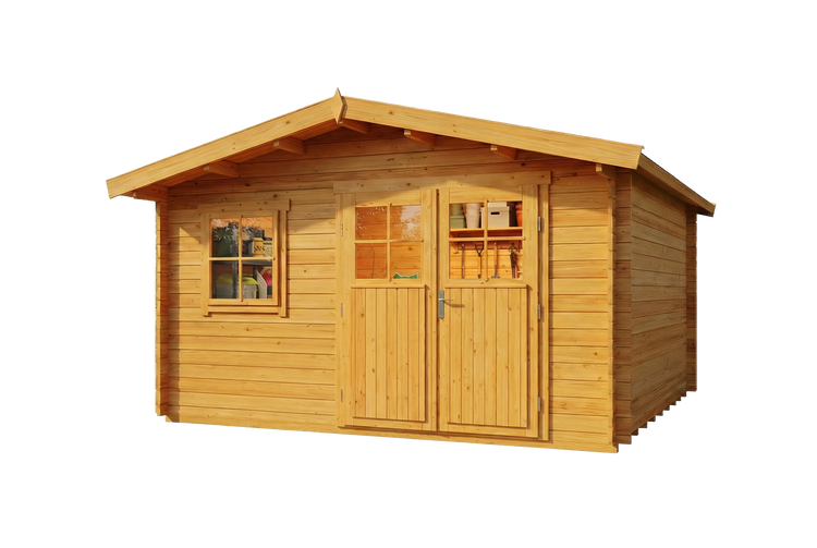 Klassisches Gartenhaus aus Holz mit Satteldach, Doppeltür und einem Sprossenfenster.