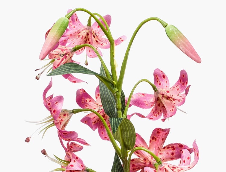 Künstlicher Tigerlilienzweig mit pinkfarbenen Blüten und grünen Blättern.
