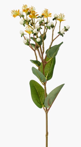 Künstlicher Hypericum-Zweig mit gelben Blüten, weißen Beeren und grünen Blättern.