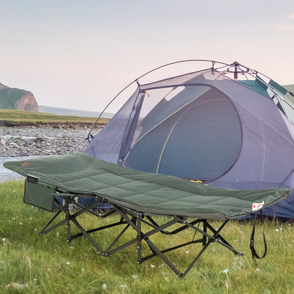 Outsunny Feldbett Campingbett, Campingliege mit Tasche, Klappbett mit Becherhalter, für Schwimmbad, Balkon, bis 120 kg, Grau, 68 x 186 x 48cm
