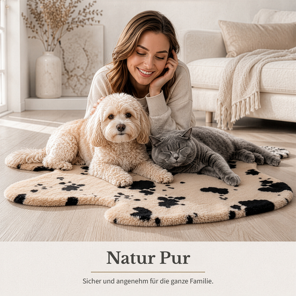 Frau, Hund und Katze auf einer weichen Haustiermatte mit Tiermuster in einem hellen, modernen Wohnzimmer mit Holzboden und Sofa.