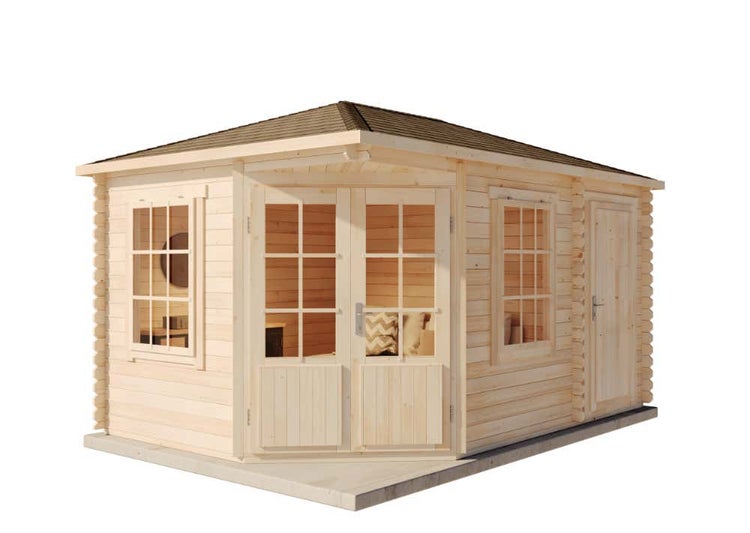 Alpholz 5-Eck Gartenhaus Modell Rhein ISO aus Holz mit 28 mm Wandstärke und Walmdach mit Imprägnierung
