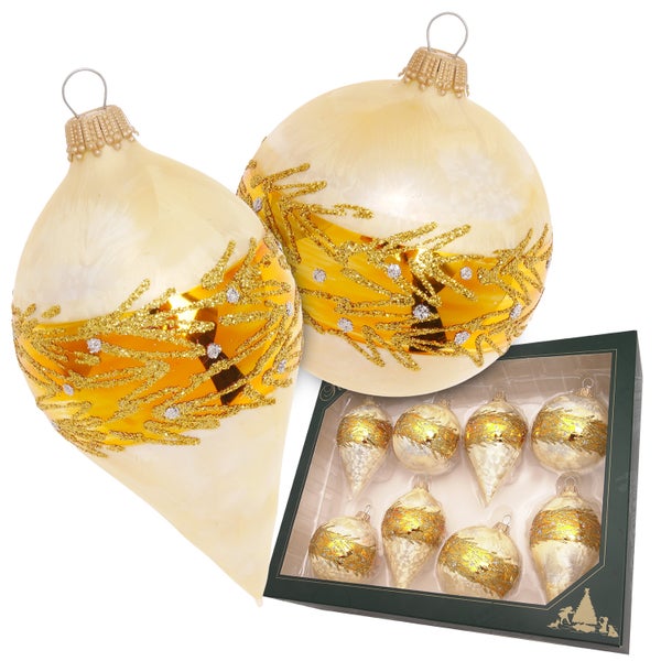 Kugeln & Tropfen, Eislack Champagner & Gold,7-10cm, 8 Stck., Weihnachtsbaumkugeln, Christbaumschmuck, Weihnachtsbaumanhänger