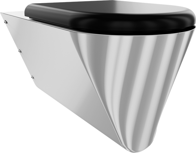 Wand-WC aus Edelstahl mit schwarzem WC-Sitz in moderner, konischer Form.