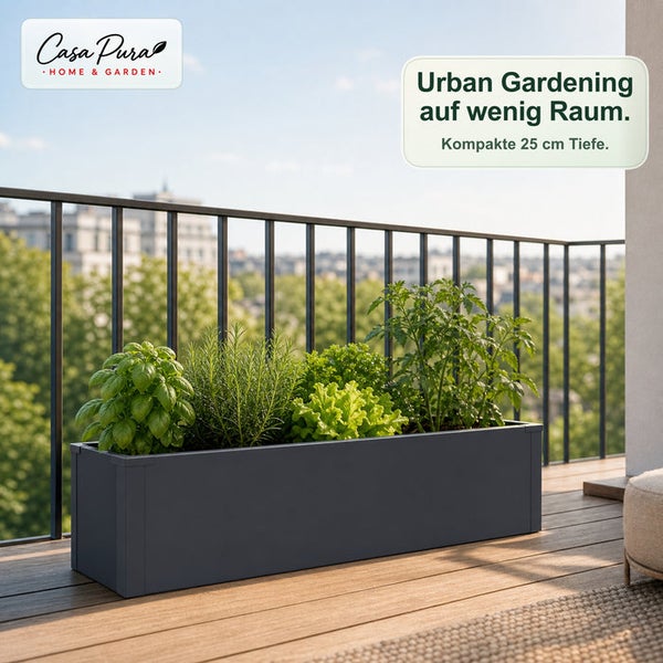 Rechteckiger Balkon-Pflanzkübel bepflanzt mit Kräutern, Casa Pura Logo
