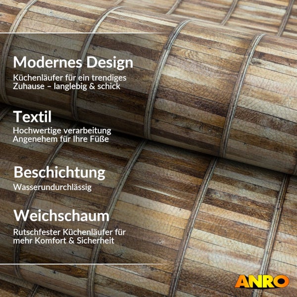 Küchenläufer von ANRO aus Weichschaum in Holzoptik mit wasserundurchlässiger Beschichtung und rutschfester Unterseite.