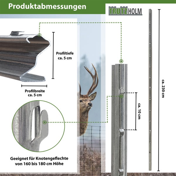 Trutzholm Wildzaunpfahl aus Stahl mit Z Z Profil für Knotengeflecht inklusive Maßangaben zur Höhe und Profilbreite sowie Hakenabstand.