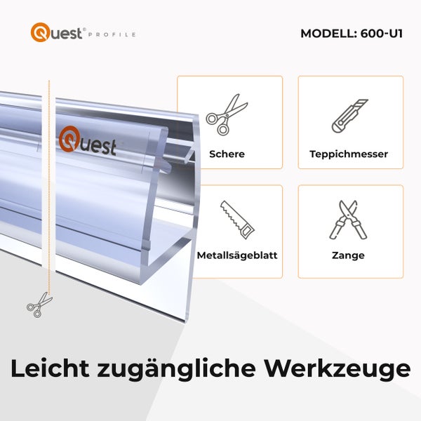 Quest Profile Modell 600-U1 Abschlussleiste mit Piktogrammen für benötigte Werkzeuge wie Schere Teppichmesser Metallsägeblatt und Zange