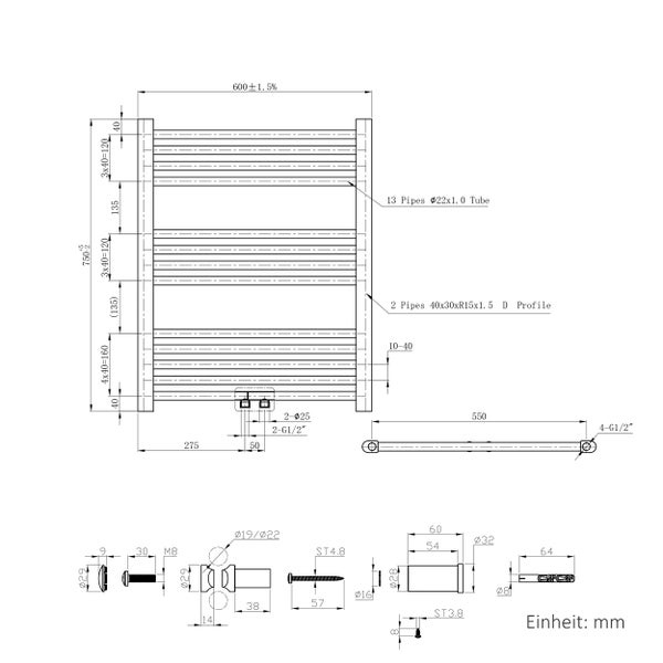 Technische Zeichnung eines Handtuchheizkörpers mit Abmessungen 600 mal 750 Millimeter und Montagezubehör.