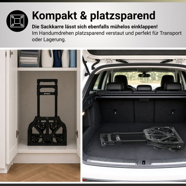 Kompakte und platzsparende faltbare Sackkarre, verstaut in einem Schrank und im Kofferraum eines Autos.
