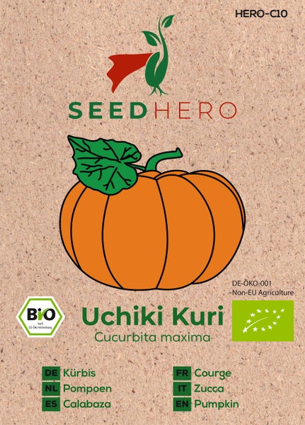 SeedHero Logo, Bio-Kürbissamen Uchiki Kuri, Cucurbita maxima, mit Bio-Siegel.